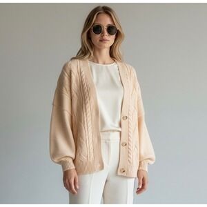 NEW Apricot Cable Knit XL Cardigan Sweater Chunky Oversized Balloon Sleeve